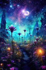 Obraz na płótnie Canvas Magical Alien garden with shiny flowers and mountains.