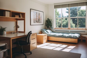 Interior of empty college dormitory room in campus with a single bed and a study desk