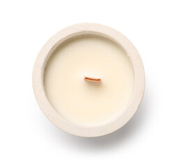 Holder with candle on white background