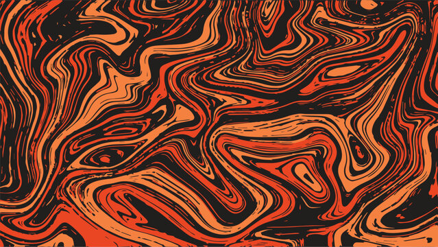 Abstract black, orange and red horizontal marble background. Contrast wavy vector texture for software, ui design, web, apps wallpaper, banner, lawa and fire concept