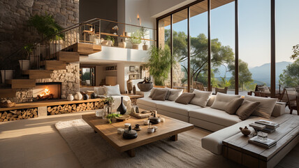 Fototapeta na wymiar interior decoration of a modern mediterranean mansion with rustic touches and natural decoration in light colors and wood. Illustration by ai generative