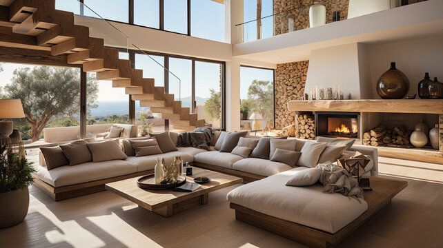 interior decoration of a modern mediterranean mansion with rustic touches and natural decoration in light colors and wood. Illustration by ai generative