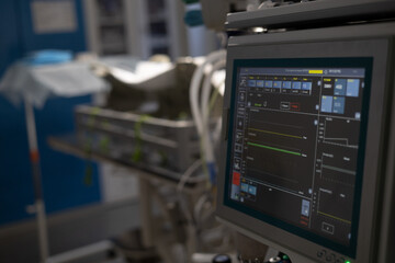 Turned on vital signs monitor in an empty operating room at a veterinary clinic. Empty operating room ready for work. The concept of preparing a veterinary operating room.