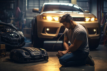 Young Hispanic Car Mechanic Praying in Front of His Car in a Garage - obrazy, fototapety, plakaty