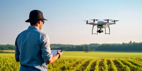 Agricultural engineer piloting drone to monitor field