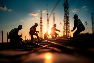 Silhouette of constructions workers working in a rooftop with scenic sunset view as background