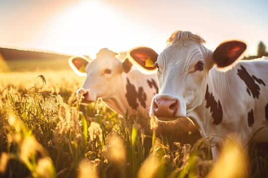 Two adorable cows in agricultural field under the sunbeam of golden hour