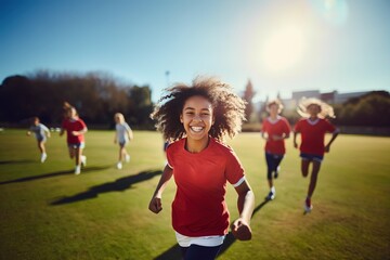 African American girl having fun during soccer practice in outdoors field