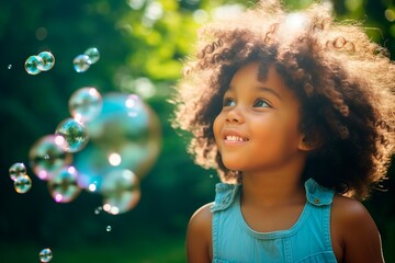 Cute African American little girl portrait blowing bubbles in the garden