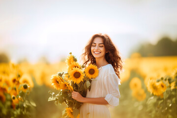 Cheerful young woman picking sunflowers in rural area