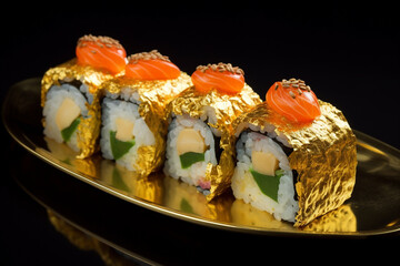 Luxury sushi rolls covered with gold and decorated with salmon. Generative AI