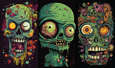 Illustration set of zombie characters backgrounds