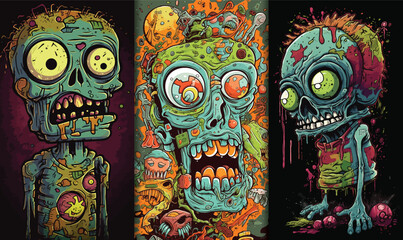 Illustration set of zombie characters backgrounds