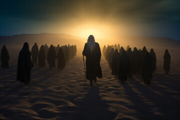 Moses leads the Jews through the desert, Moses led his people to the Promised Land through the Sinai desert. Religion Bible, History. Escape. - obrazy, fototapety, plakaty