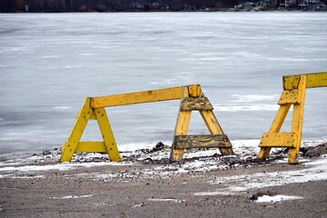 Construction Barricade by Frozen Lake