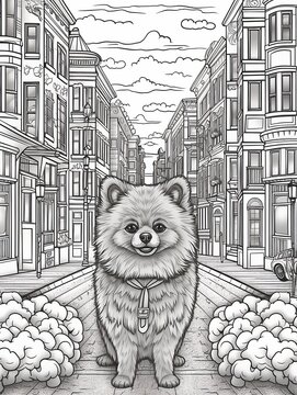  AI generated.Antistress coloring book for adults. Yorkshire terrier in the city street