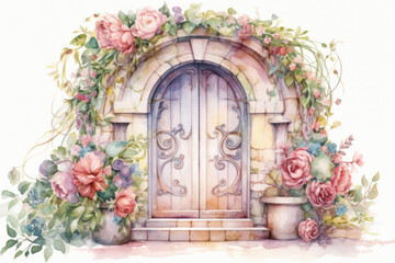 Fototapeta na wymiar Exterior of an arched doorway with plants and flowers with closed doors
