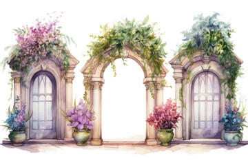 Fototapeta na wymiar Three arched doorways covered with plants and flowers isolated on a white background