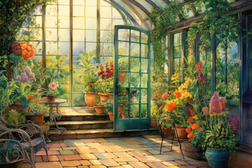Fototapeta na wymiar Greenhouse atrium with plants