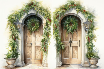 Fototapeta na wymiar Two arched doorways with Christmas wreaths isolated on a white background
