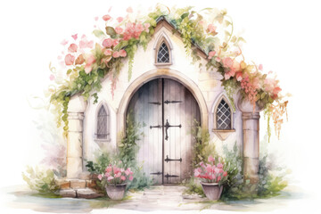 Fototapeta na wymiar A church covered with flowers and plants with an arched doorway isolated on a white background
