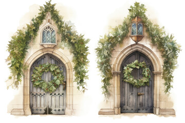 Two arched doorways with Christmas wreaths isolated on a white background