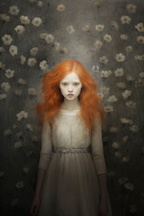 Ethereal young girl with long red curly hair medium shot