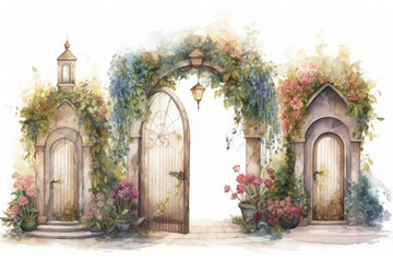 Three arched doorways covered with plants and flowers isolated on a white background