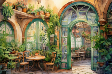 Fototapeta na wymiar Interior of a pub with tables arches and plants