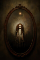 A hauntingly beautiful eerily creepy little girl in an old fashioned dress in a picture frame