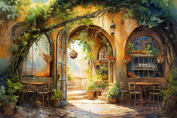 Fototapeta na wymiar Interior of a pub with tables arches and plants