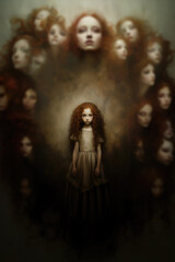A hauntingly beautiful eerily creepy little girl in an old fashioned dress surrounded by many faces