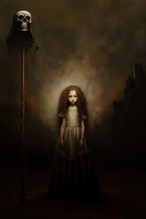 A hauntingly beautiful eerily creepy little girl in an old fashioned dress standing next to a skull on a stick