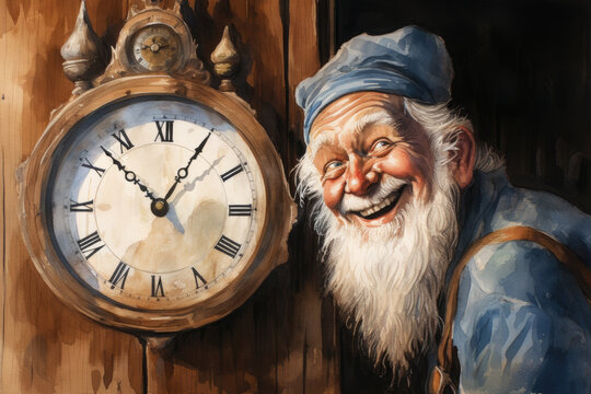 happy old man smiling with a long white beard next to a clock