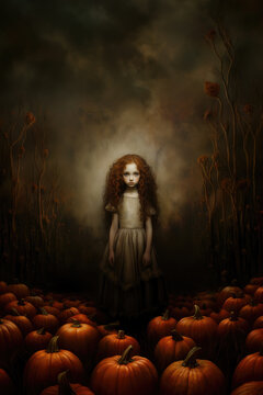 A hauntingly beautiful eerily creepy little girl in an old fashioned dress in a pumpkin patch at night