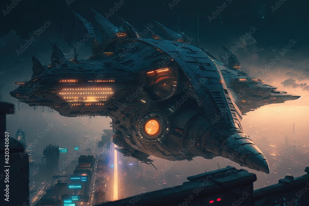Poster cyber punk spaceship seen from above. glorious generative ai.