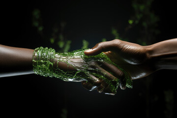 Two hands firmly clasp a green symbol representing the power of sustainability and environmental consciousness within the industry. Generative Ai.