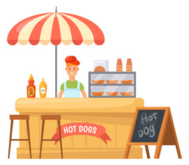 Obraz premium Hot dog vendor stall. Street retail cartoon stand