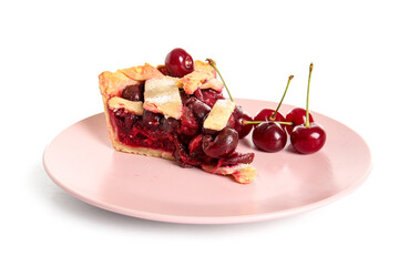 Plate with piece of tasty cherry pie on white background