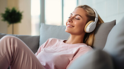 Pleased young woman in headphones listening to music while relaxing on sofa at home.