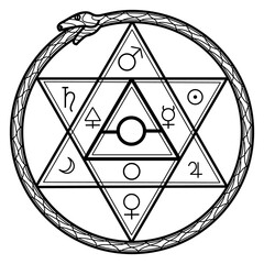 Esoteric diagram. Round alchemy ritual signs sketch - obrazy, fototapety, plakaty