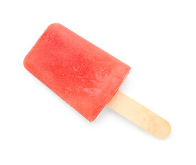 Sweet strawberry ice-cream popsicle on white background