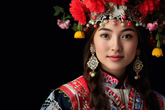Portrait of Asian woman representing cultural diversity over dark background with copy space