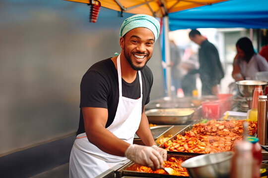 African young man chef cooking street food with a smile