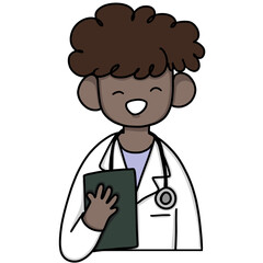 Cute doctor man with stethoscope holding a chart clipboard. Hand drawing cartoon.