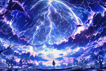storm in the night cloudy sky with lightning, anime, generative AI