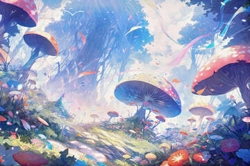 Fototapeta na wymiar Wonderland mushroom with tree, nature background, anime, generative AI