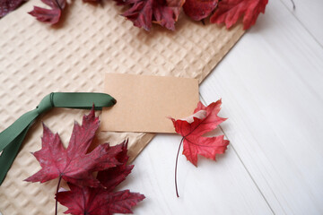 Autumn concept colorful leaves and blank tag composition background. Fall, thanks giving day and seasonal decorative elements. 