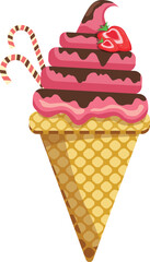 Vector illustration delicious colorful ice cream waffle cone. Icecream strawberry chocolate scoops waffle cone. on white background. Idea for poster, product, t-shirt. Vector icon ice cream cone.
