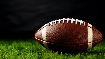 Closeup of an American football on a field, dark background, space for text